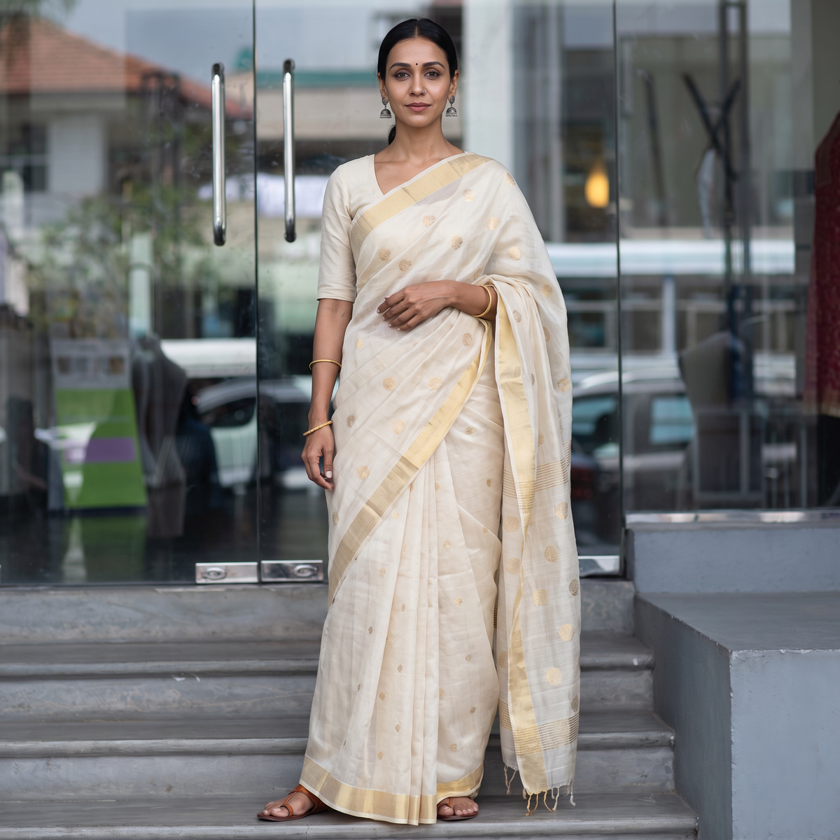 White Handloom Zari Work Chanderi Silk Saree, draped and worn by a woman, AI visual of the saree, iTokri