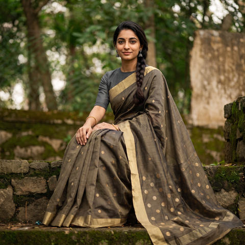 Brown Handloom Zari Work Chanderi Silk Saree, draped and worn by a woman, AI visual of the saree, iTokri