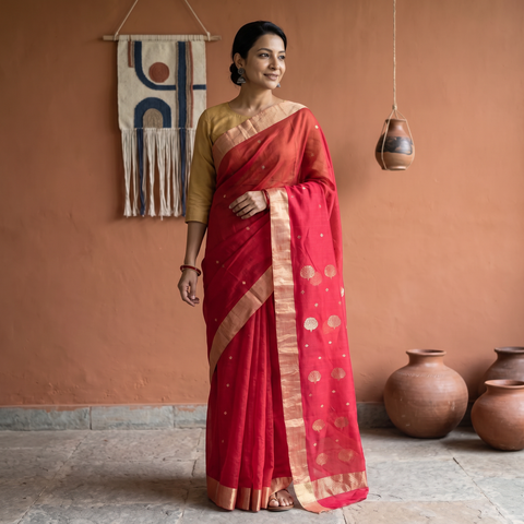 Red Handloom Zari Work Chanderi Silk Saree, draped and worn by a woman, AI visual of the saree, iTokri