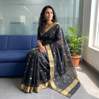 Grey Handloom Zari Work Chanderi Silk Saree, draped and worn by a woman, AI visual of the saree, iTokri