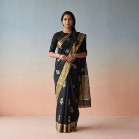 Black Handloom Zari Work Chanderi Silk Saree, draped and worn by a woman, AI visual of the saree, iTokri