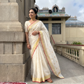 White Handloom Zari Work Chanderi Silk Saree, draped and worn by a woman, AI visual of the saree, iTokri