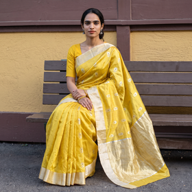 Yellow Handloom Zari Work Pattu Chanderi Silk Saree, draped and worn by a woman, AI visual of the saree, iTokri