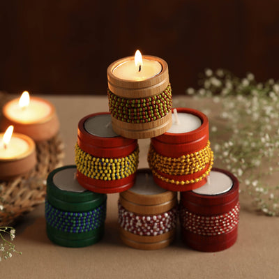  Handmade Bead Work Natural Bamboo Tealight Candle Holder (Set of 6) Online in India 