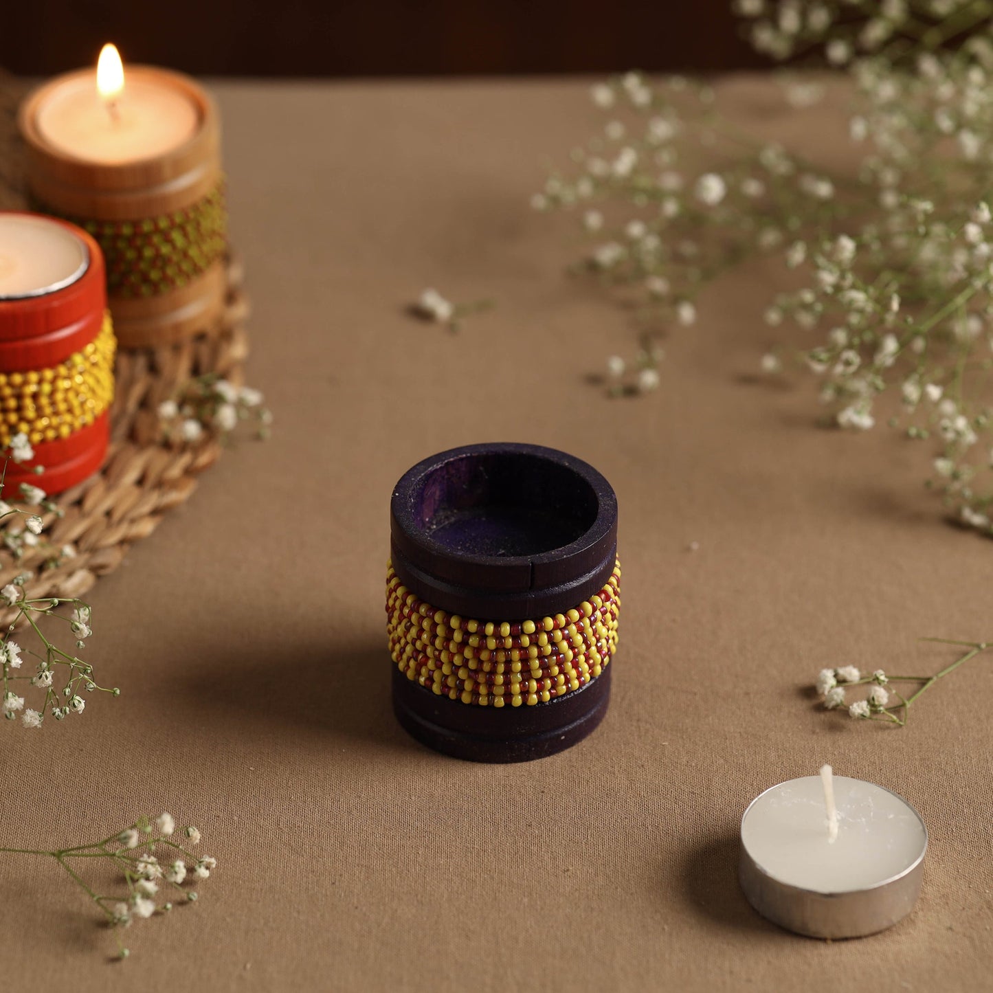  Handmade Bead Work Natural Bamboo Tealight Candle Holder Online in India l iTokri.com 