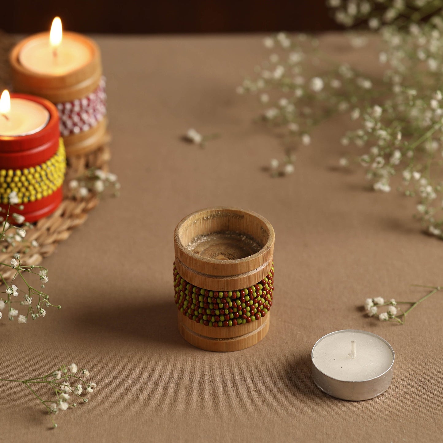  Handmade Bead Work Natural Bamboo Tealight Candle Holder Online in India l iTokri.com 