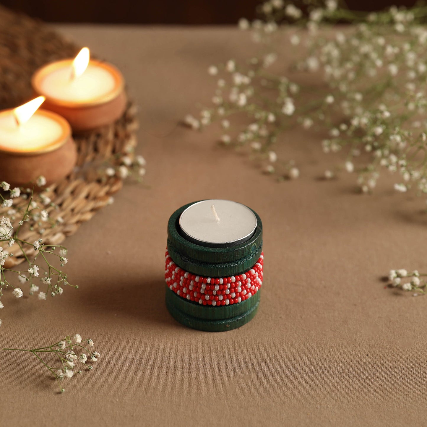  Handmade Bead Work Natural Bamboo Tealight Candle Holder Online in India l iTokri.com 