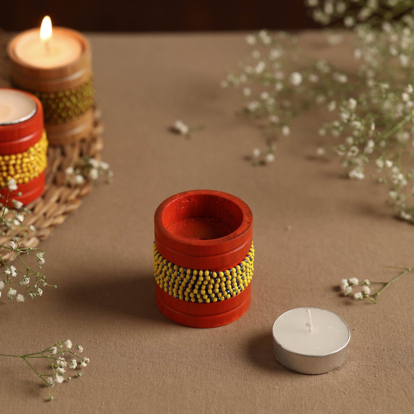  Handmade Bead Work Natural Bamboo Tealight Candle Holder Online in India l iTokri.com 