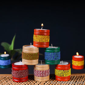  Handmade Bead Work Natural Bamboo Tealight Candle Holder Online in India l iTokri.com 