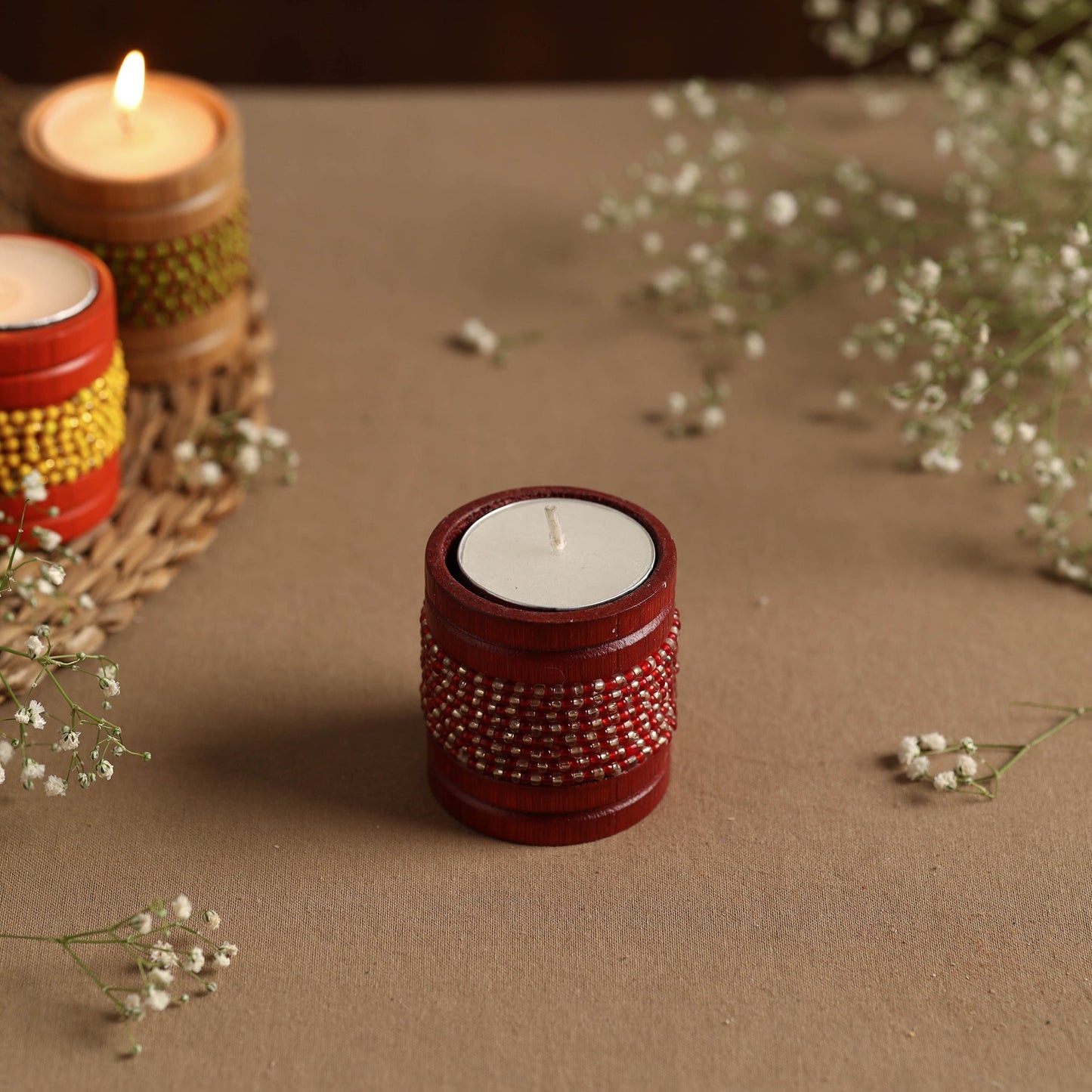  Handmade Bead Work Natural Bamboo Tealight Candle Holder Online in India l iTokri.com 