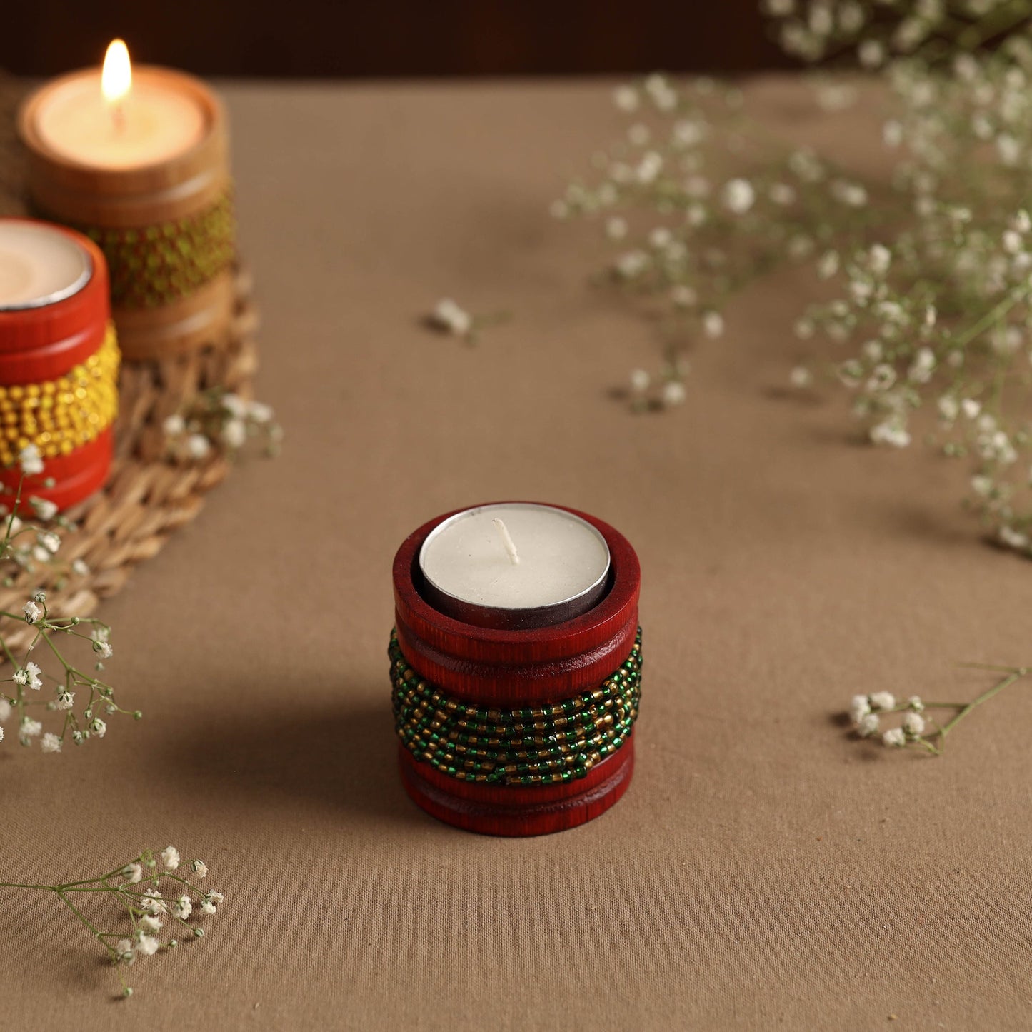  Handmade Bead Work Natural Bamboo Tealight Candle Holder Online in India l iTokri.com 