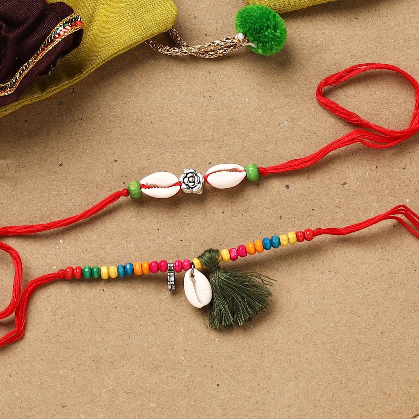 Handmade beads shell work rakhi & lumba set 118