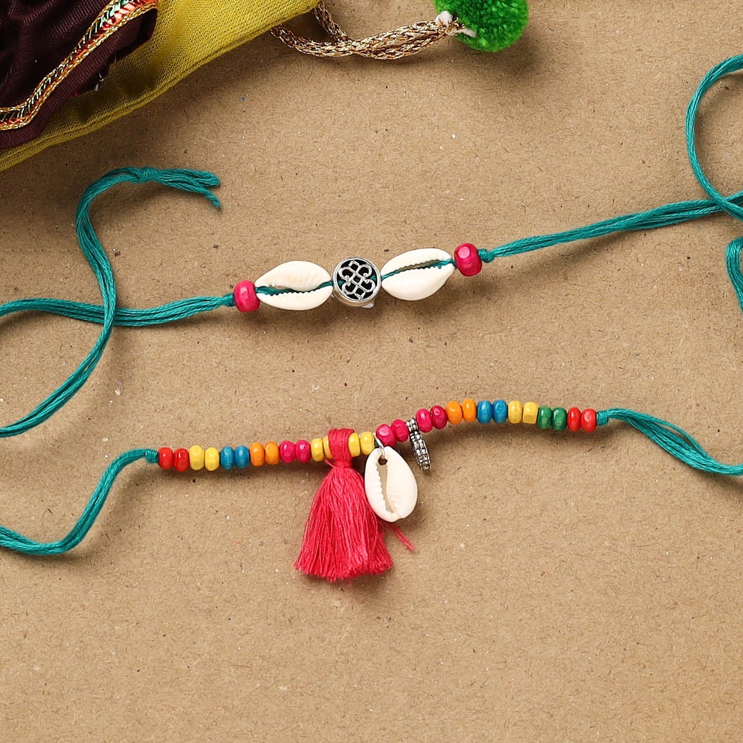 Handmade beads shell work rakhi & lumba set 120