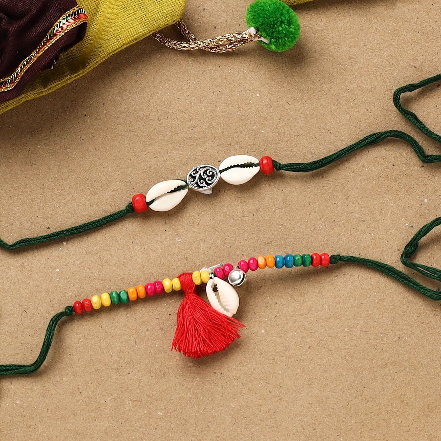 Handmade beads shell work rakhi & lumba set 121