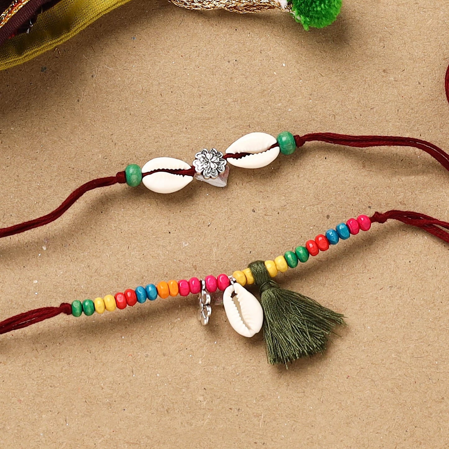 Handmade beads shell work rakhi & lumba set 125