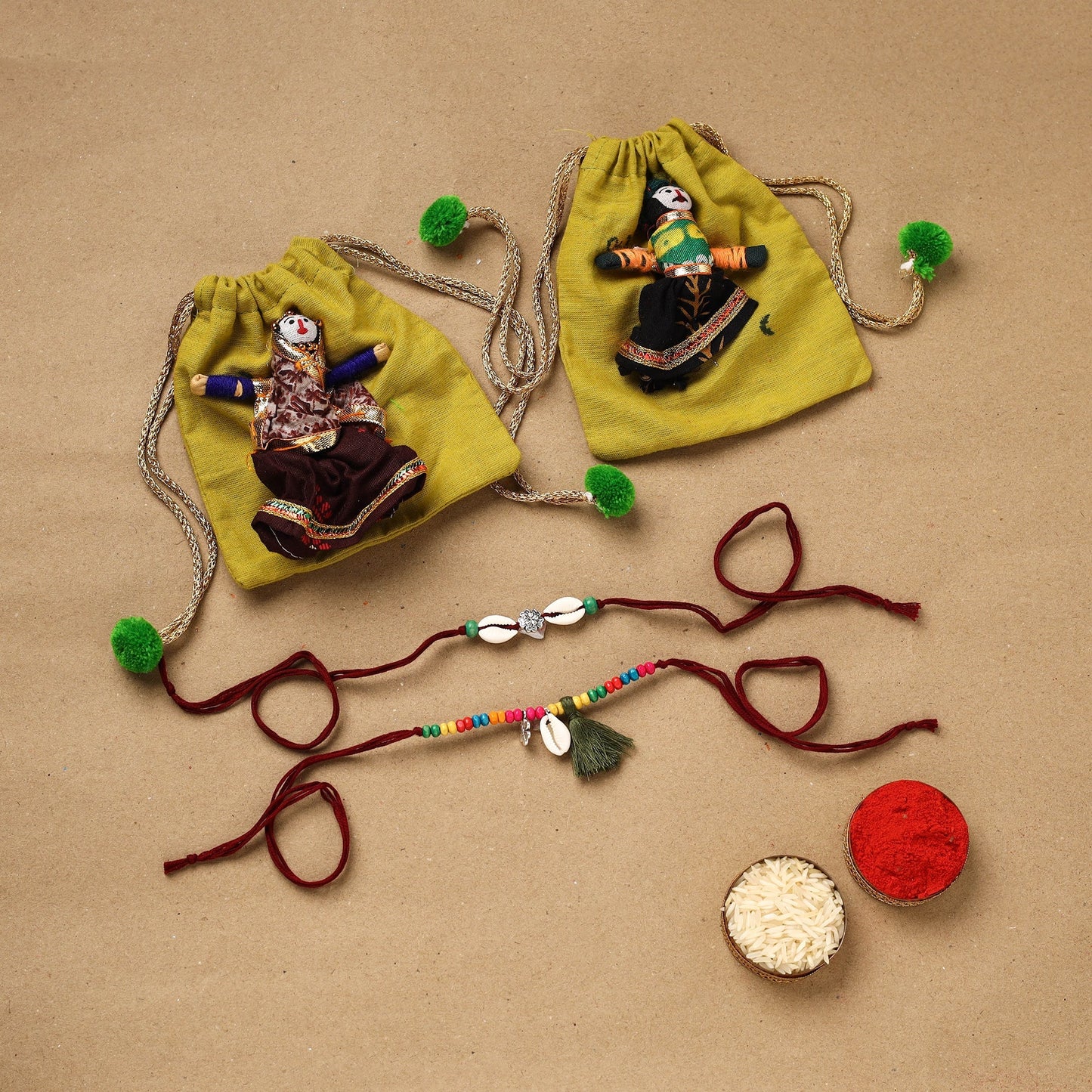 Handmade beads shell work rakhi & lumba set 125