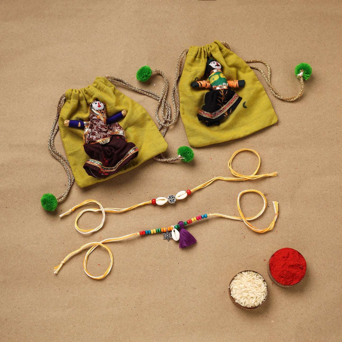 Handmade beads shell work rakhi & lumba set 127