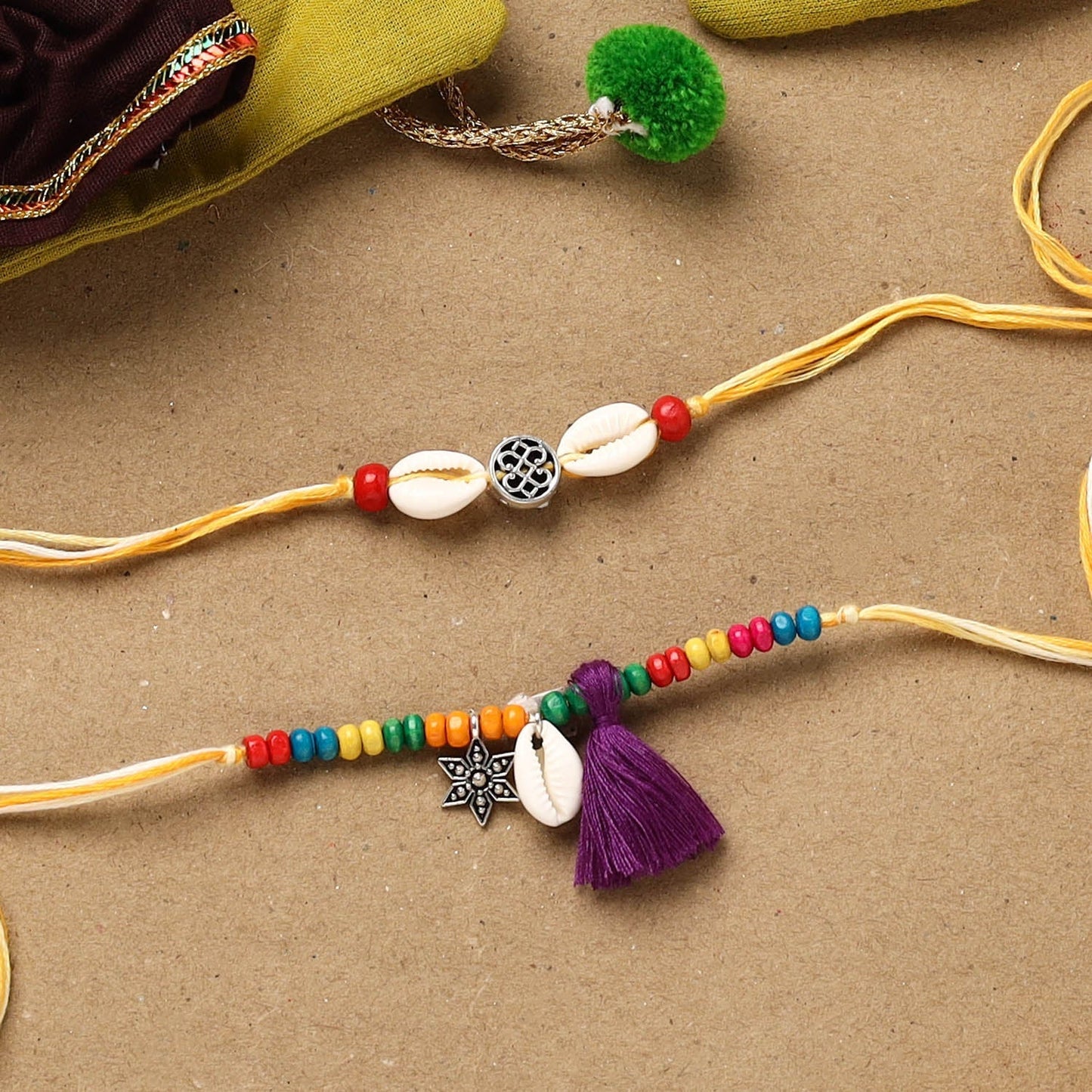 Handmade beads shell work rakhi & lumba set 127