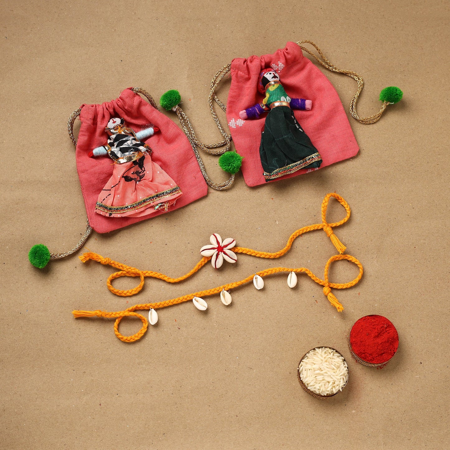 Handmade beads shell work rakhi & lumba set 100