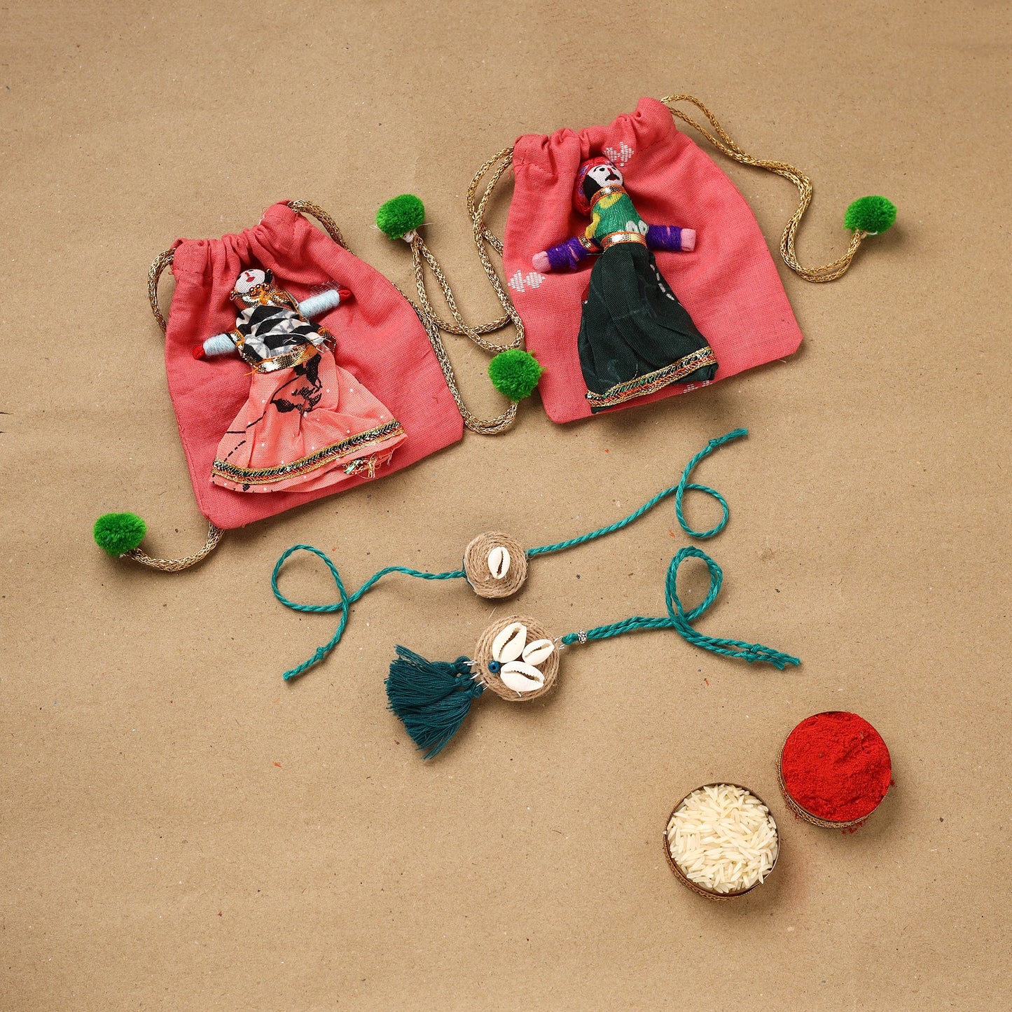 Handmade beads shell work rakhi & lumba set 104