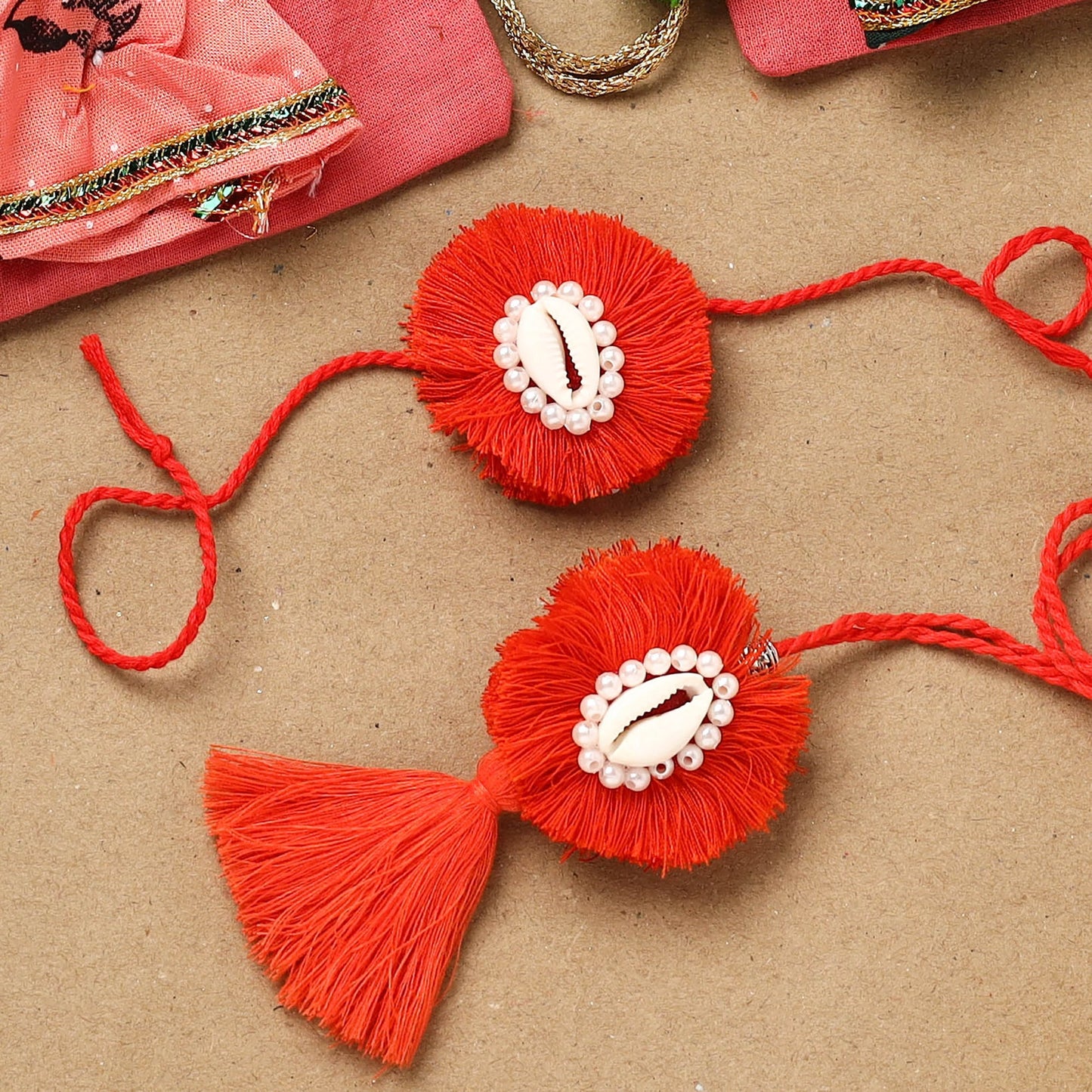 Handmade beads shell work rakhi & lumba set 111