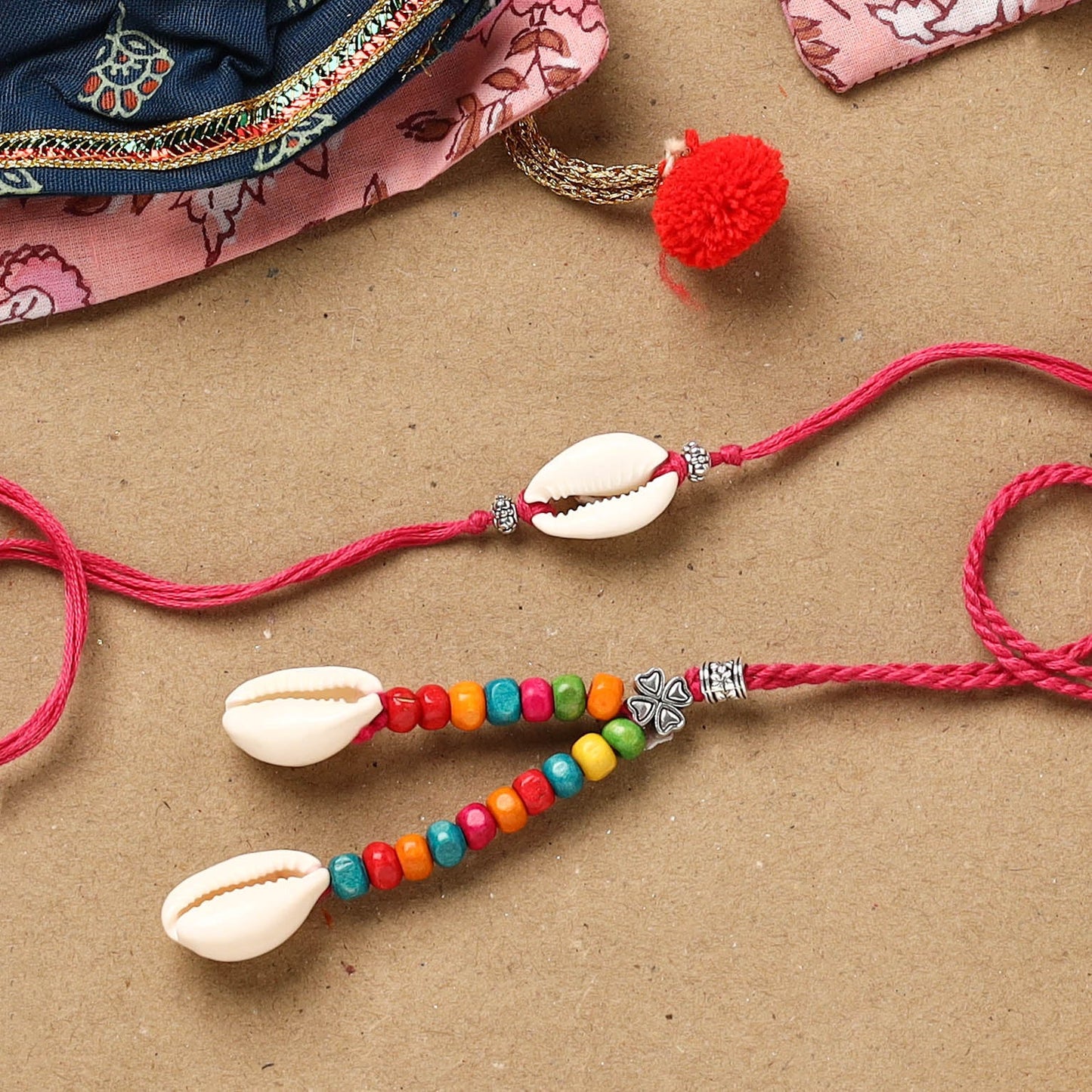 Handmade beads shell work rakhi & lumba set 133