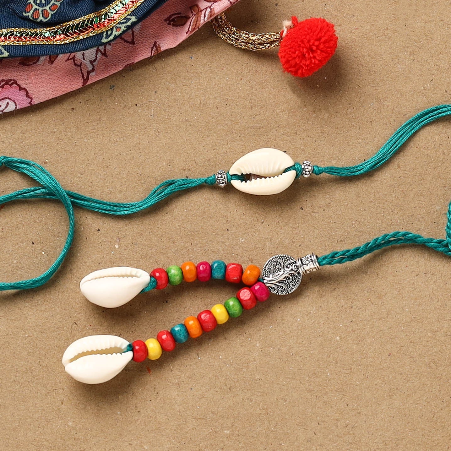 Handmade beads shell work rakhi & lumba set 134