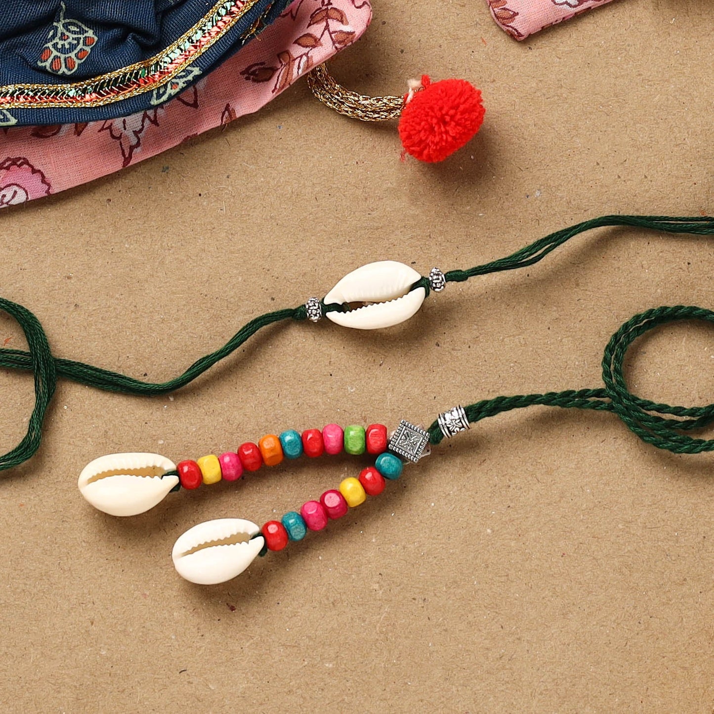 Handmade beads shell work rakhi & lumba set 136