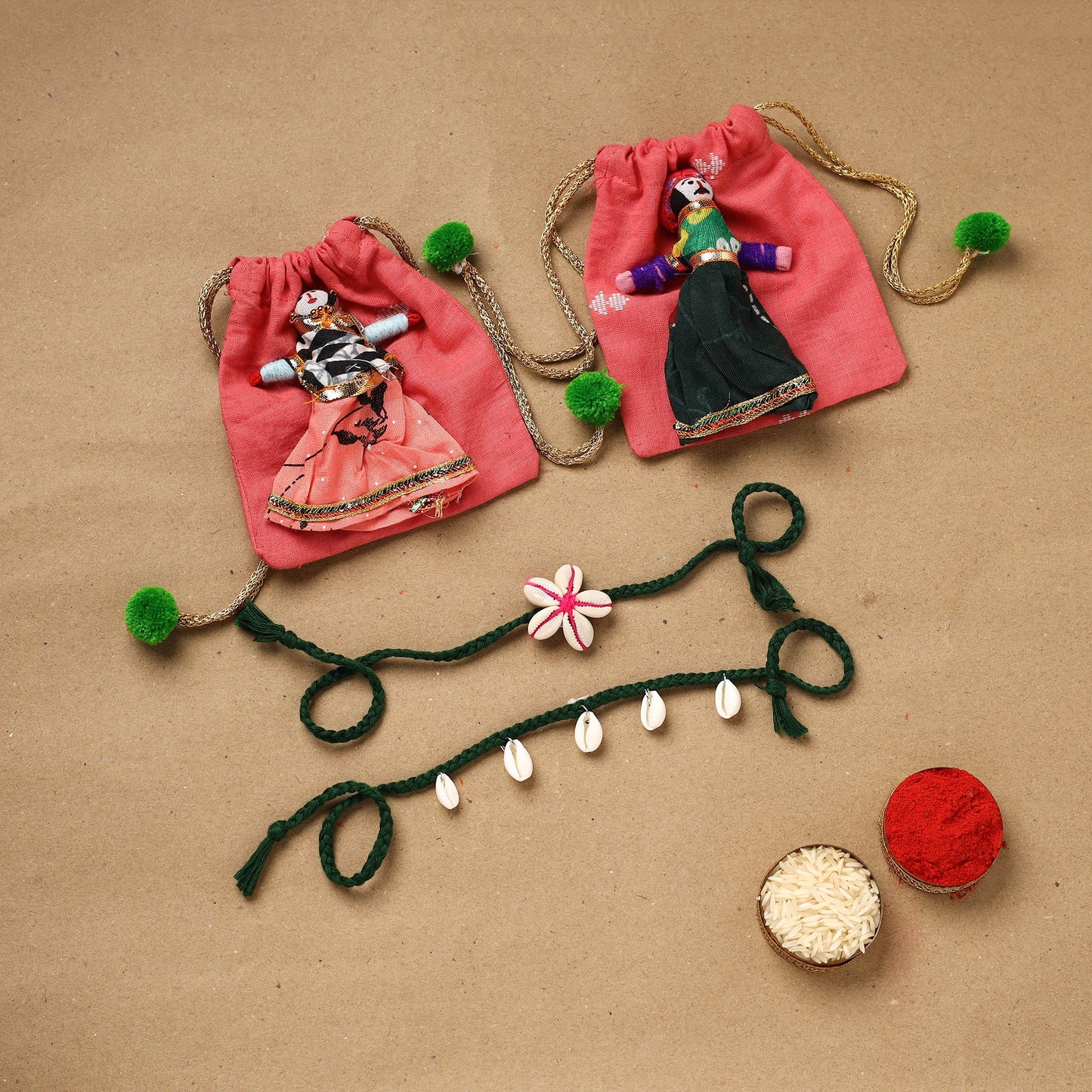 Handmade beads shell work rakhi & lumba set 97 - handcrafted