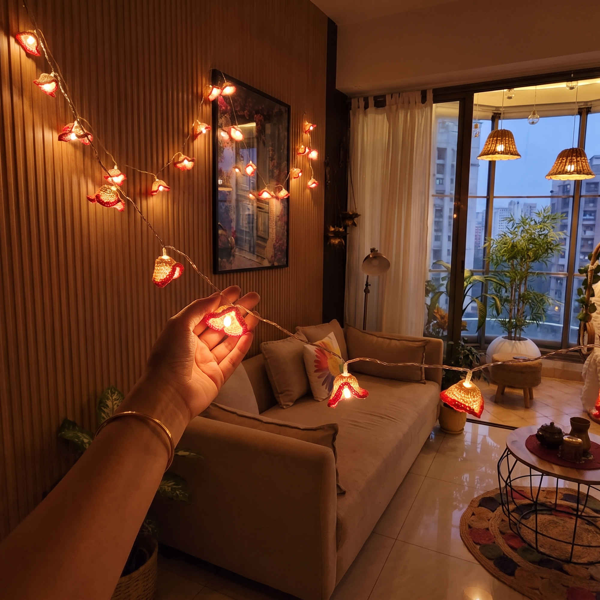 Lily Bougainvillea Handmade Crochet LED String Light for Home Decor, lit in a home in the evening, AI visual of the light, iTokri