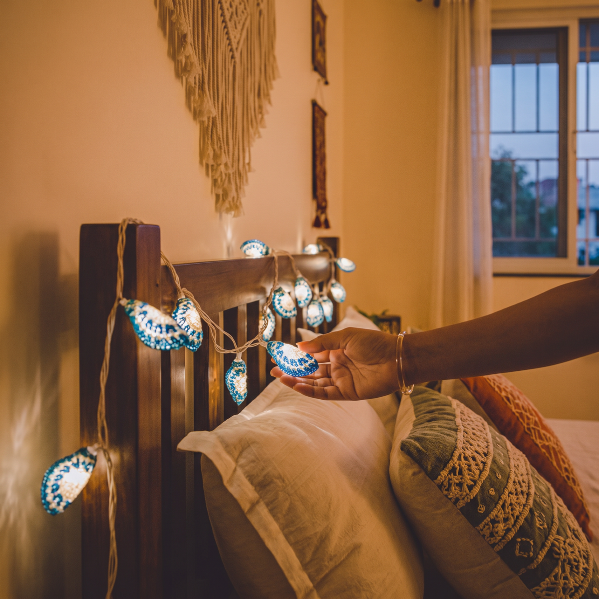 Lily Bougainvillea Handmade Crochet LED String Light for Home Decor, lit in a home in the evening, AI visual of the light, iTokri