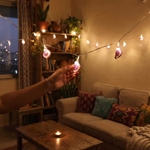 Lily Bougainvillea Handmade Crochet LED String Light for Home Decor, lit in a home in the evening, AI visual of the light, iTokri