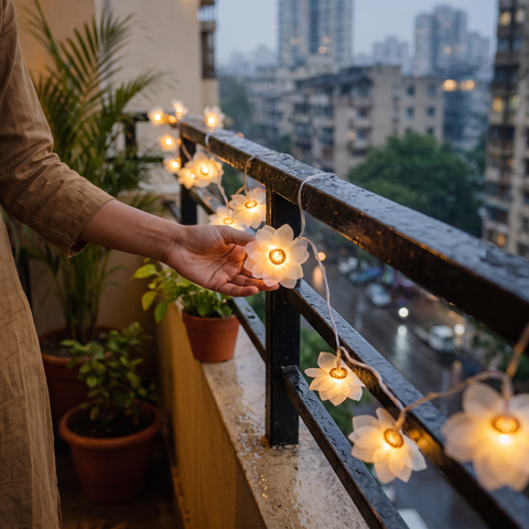 Flower Handmade Crochet LED String Light for Home Decor, lit in a home in the evening, AI visual of the light, iTokri