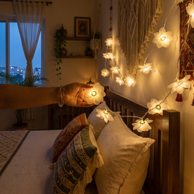 Flower Handmade Crochet LED String Light for Home Decor, lit in a home in the evening, AI visual of the light, iTokri