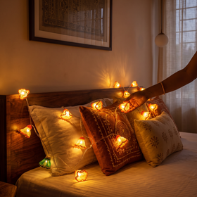 Frock Handmade Crochet LED String Light for Home Decor, lit in a home in the evening, AI visual of the light, iTokri