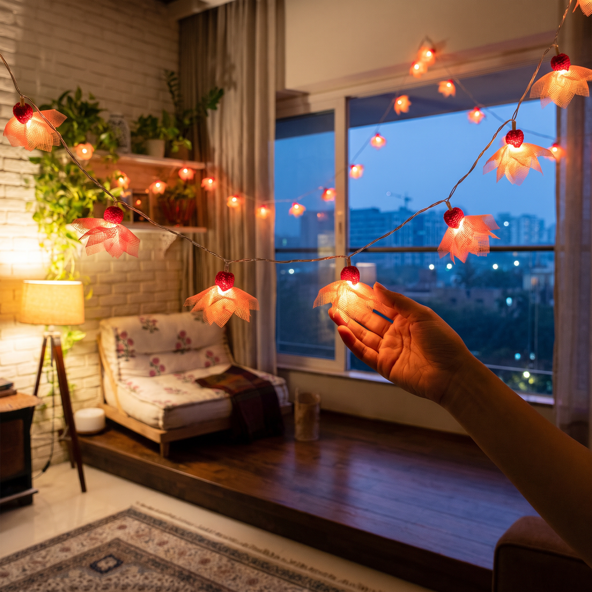 Flower Handmade Crochet LED String Light for Home Decor, lit in a home in the evening, AI visual of the light, iTokri