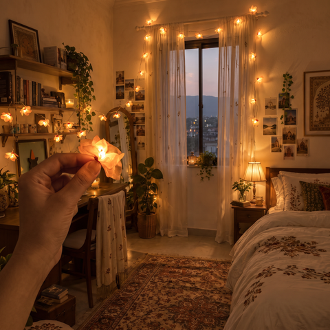 Flower Handmade Crochet LED String Light for Home Decor, lit in a home in the evening, AI visual of the light, iTokri