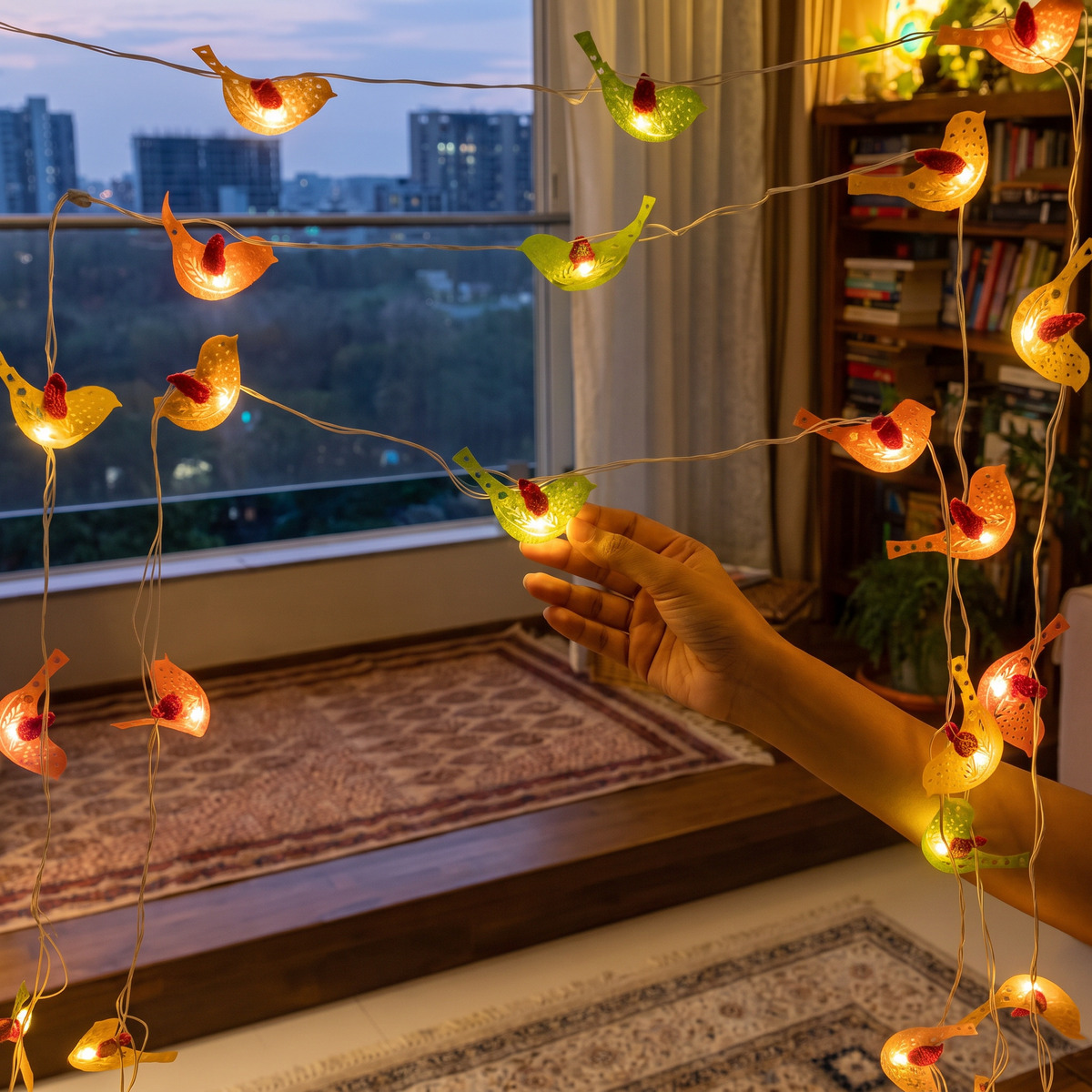 Birds Handmade Crochet LED String Light for Home Decor, lit in a home in the evening, AI visual of the light, iTokri