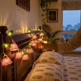 Frock Handmade Crochet LED String Light for Home Decor, lit in a home in the evening, AI visual of the light, iTokri