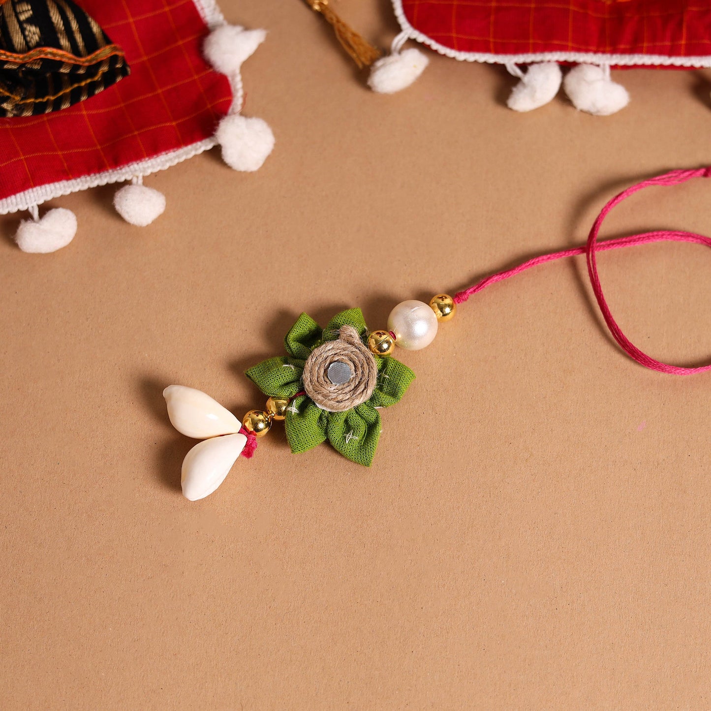 Buy Handmade Fabric Flower Jute Rakhi & Lumba Set 