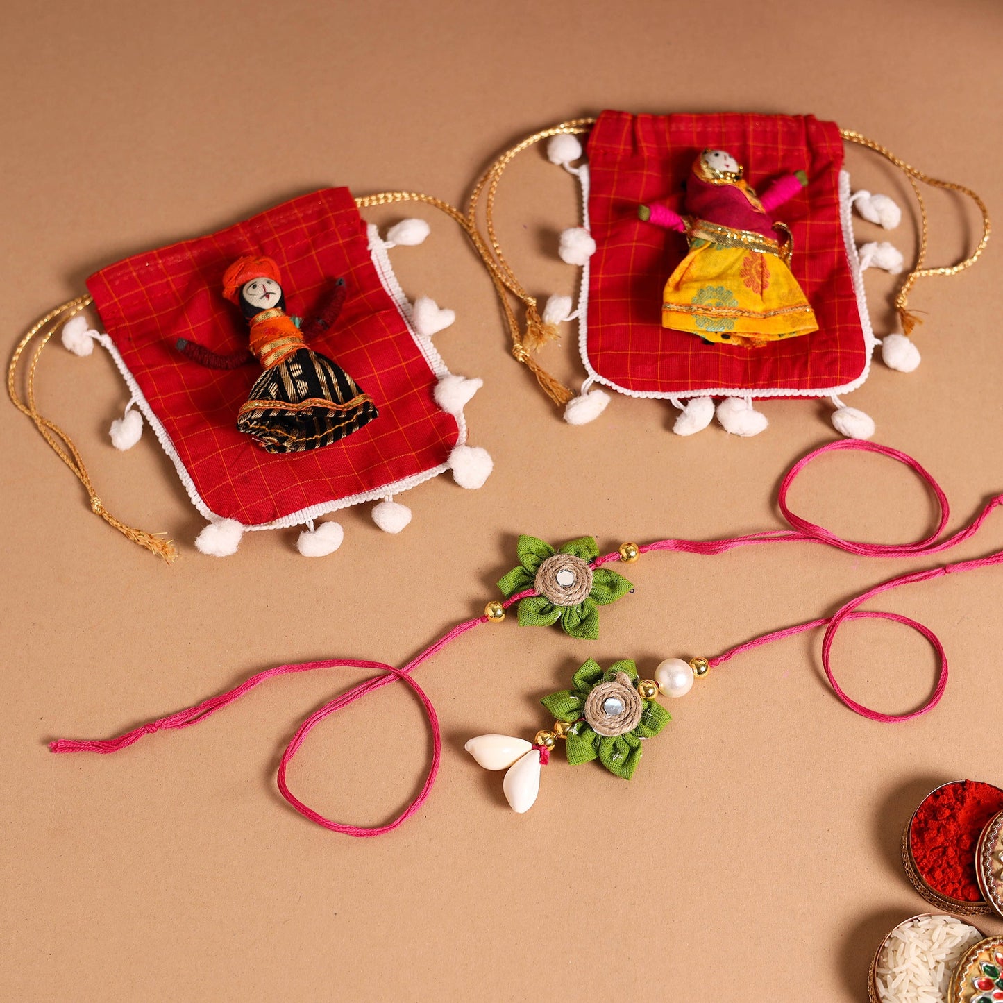 Buy Handmade Fabric Flower Jute Rakhi & Lumba Set 