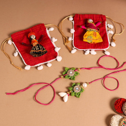 Buy Handmade Fabric Flower Jute Rakhi & Lumba Set 