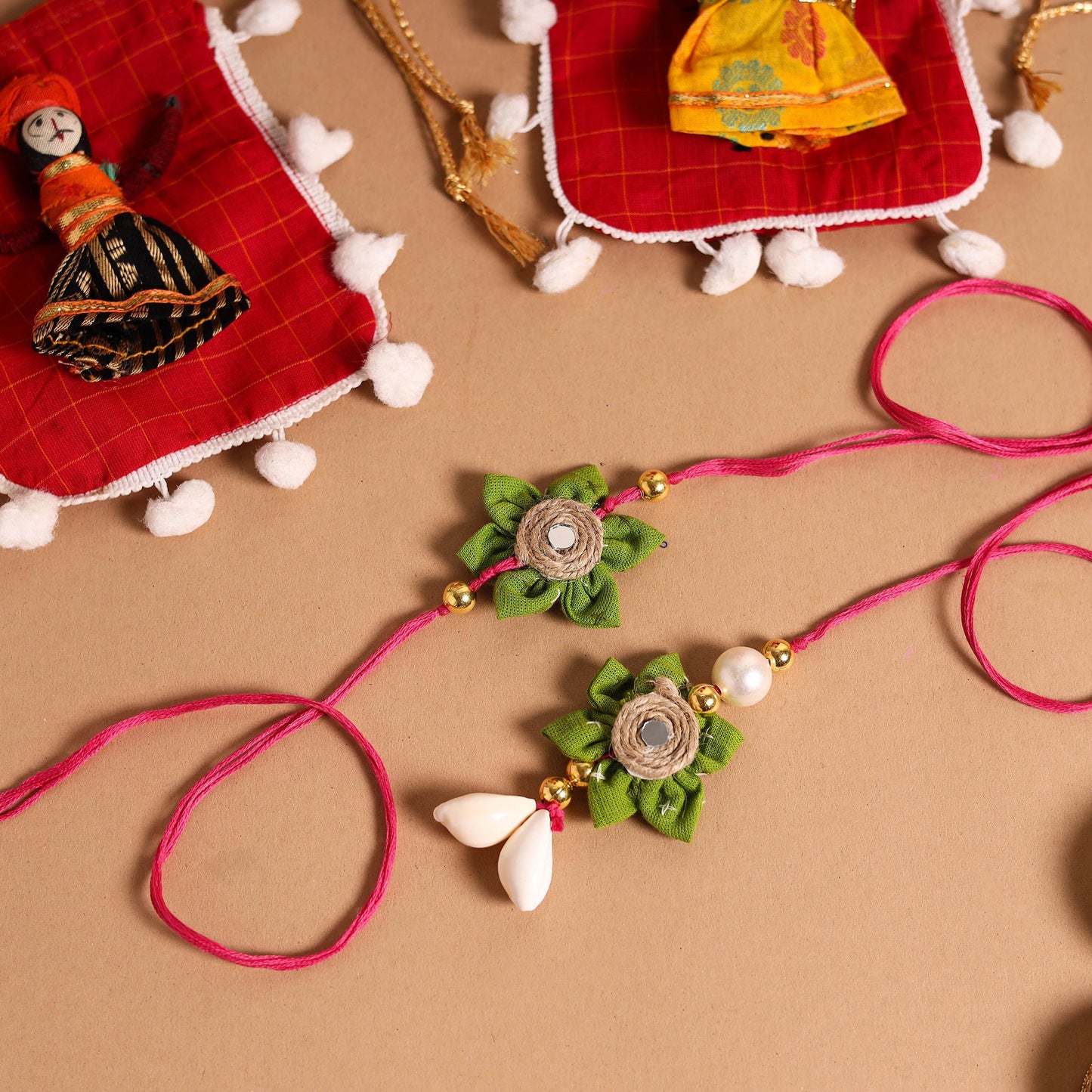 Buy Handmade Fabric Flower Jute Rakhi & Lumba Set 