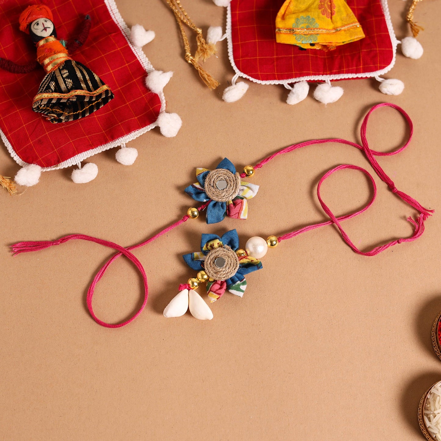  Handmade Fabric Flower Jute Rakhi & Lumba Set 