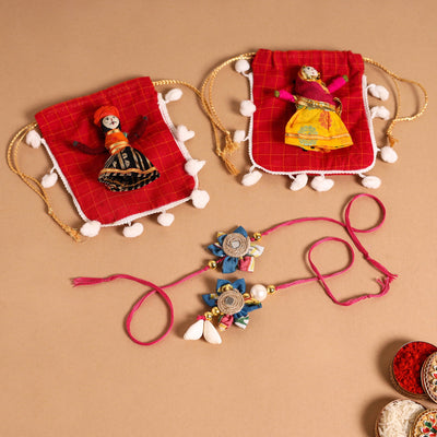  Handmade Fabric Flower Jute Rakhi & Lumba Set 
