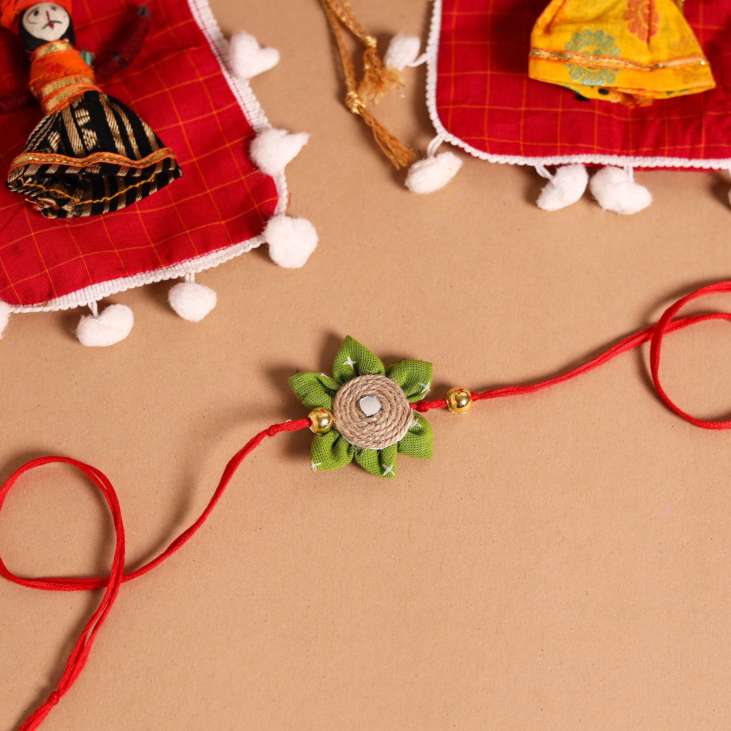  Handmade Fabric Flower Jute Rakhi & Lumba Set 