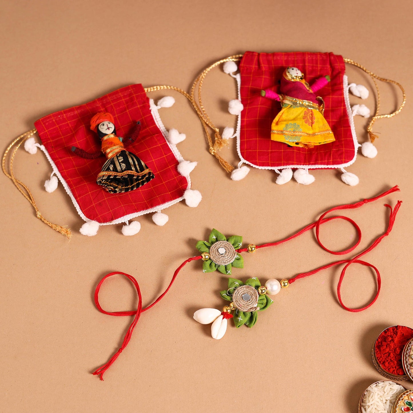  Handmade Fabric Flower Jute Rakhi & Lumba Set 