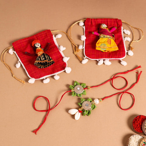  Handmade Fabric Flower Jute Rakhi & Lumba Set 