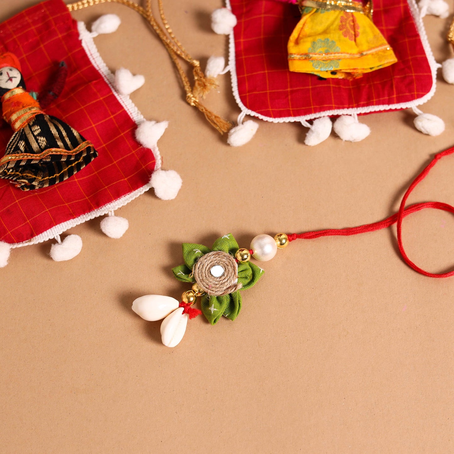  Handmade Fabric Flower Jute Rakhi & Lumba Set 