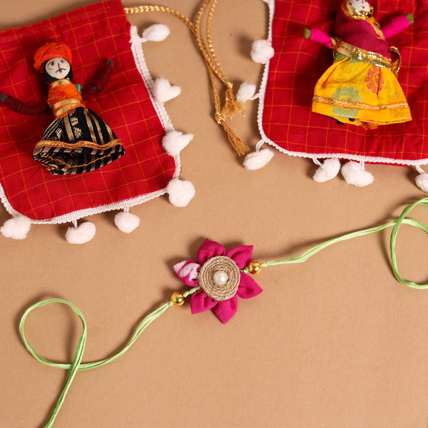 Buy Handmade Fabric Flower Jute Rakhi & Lumba Set 